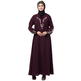 Embroidery abaya with balloon sleeves- Wine